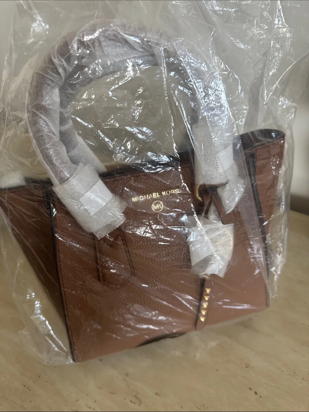 Michael Kors Tan Pebbled Leather Satchel with Gold Hardware